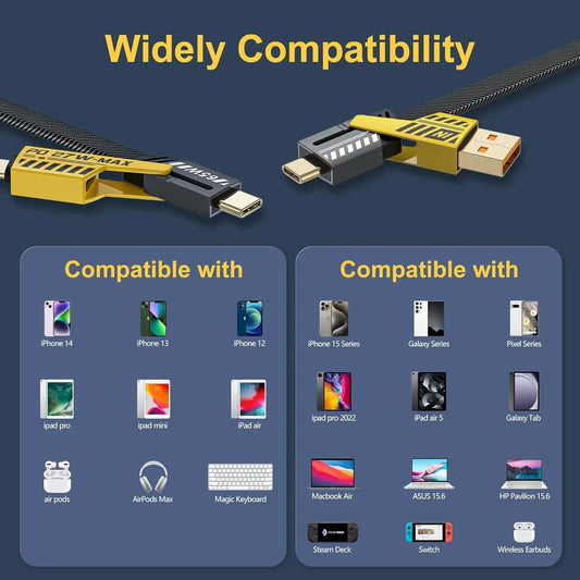 NOHON Cable Chargeur Multi USB 4 en 1 :Universel Cable Multi Embout Charge Rapide, 1.2M Nylon USB Cable Chargement QC 65W/ PD 27W Cable Compatible avec iPhone Samsung Galaxy Huawei Google MacBook iPad