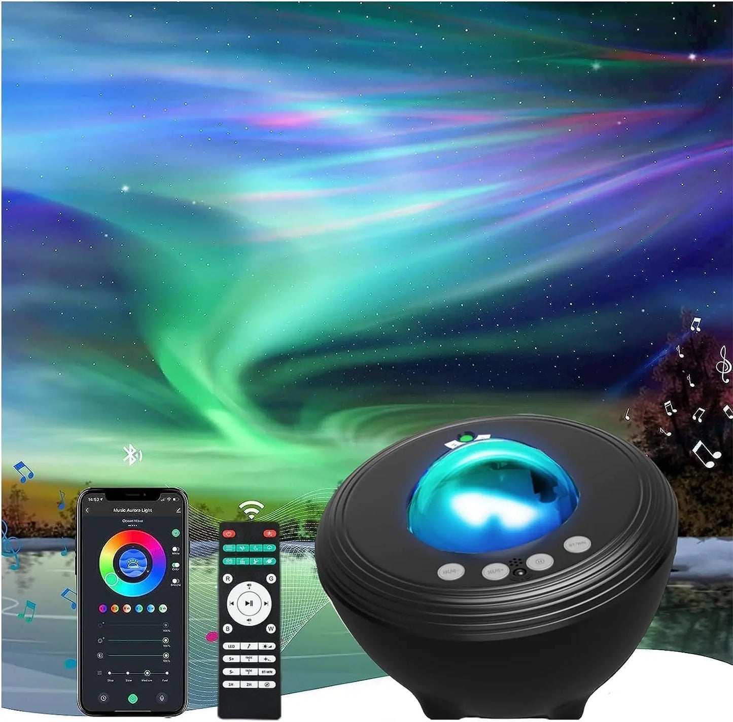 Projecteur Ciel Etoile, Projecteur Galaxie, projecteur de lumière étoilée Aurora de musique avec Bluetooth,télécommande,App,Machine à sons,projecteur de lumière du ciel Veilleuse pour enfants adults