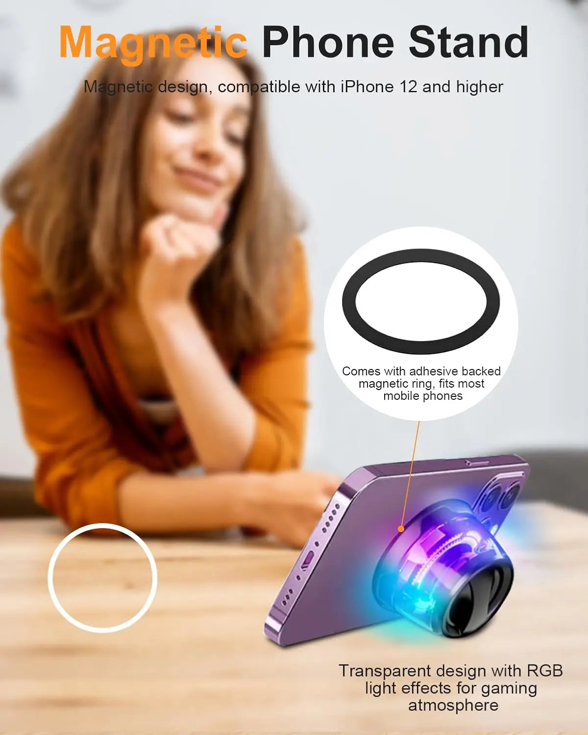 Qaum Enceinte Bluetooth magnétique G200 rechargeable portable sans fil avec câble pour voyage, extérieur, jeux de voiture, lumière colorée multi-RVB, Bluetooth 5.3, fonction support de téléphone