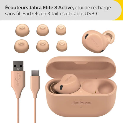 Jabra Elite 8 Active - Écouteurs sans Fil Bluetooth Intra-Auriculaires - Réduction de Bruit Active Hybride adaptative - 6 Microphones intégrés, résistants à l'eau et à la Transpiration - Caramel