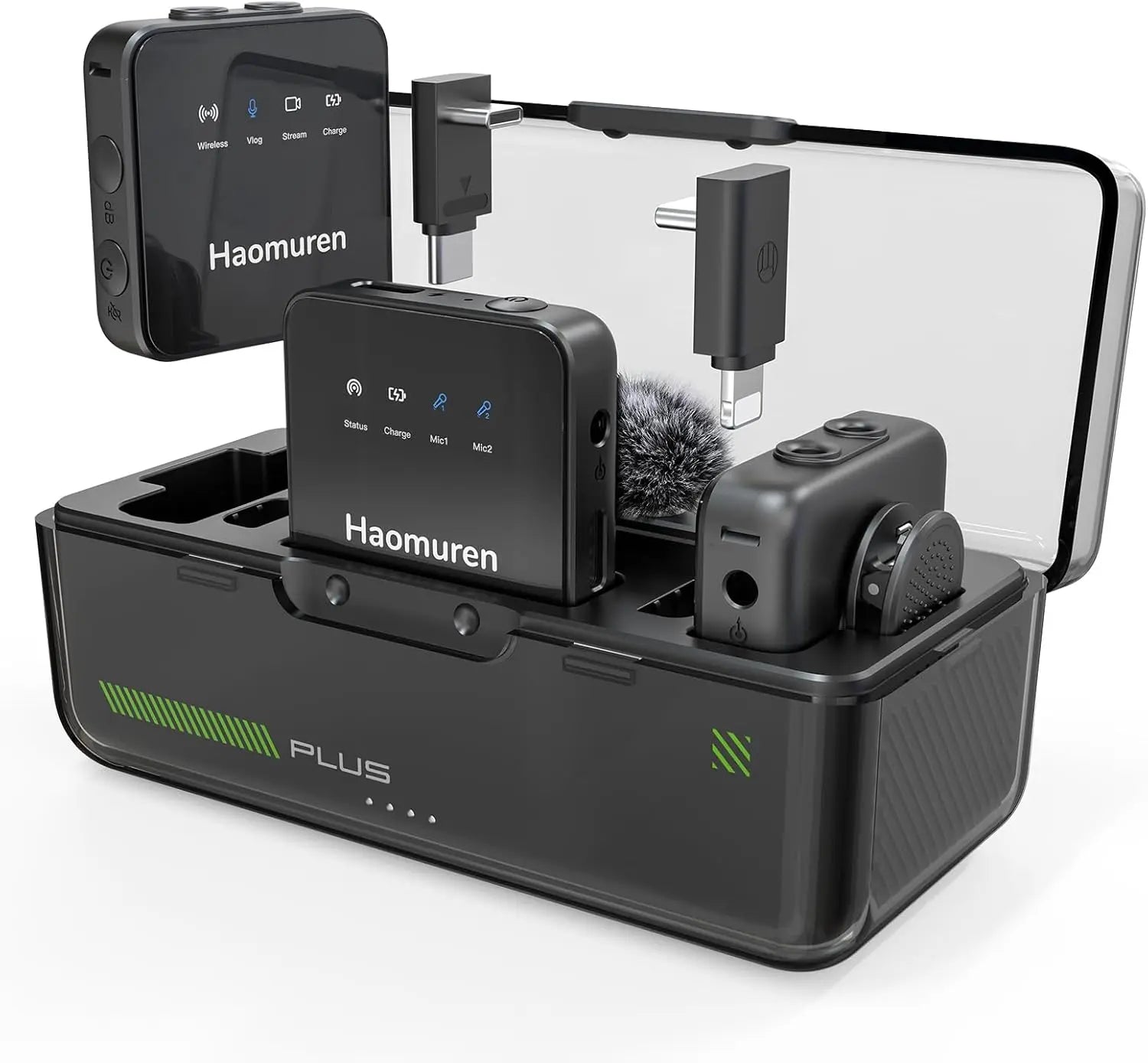 Haomuren Lot de 2 microphones cravate sans fil, compatibles avec iPhone, Android, appareil photo, iPad, tablette, PC, suppression du bruit, écho, micro Bluetooth pour enregistrement vidéo, streaming,