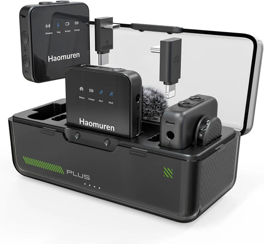 Haomuren Lot de 2 microphones cravate sans fil, compatibles avec iPhone, Android, appareil photo, iPad, tablette, PC, suppression du bruit, écho, micro Bluetooth pour enregistrement vidéo, streaming,