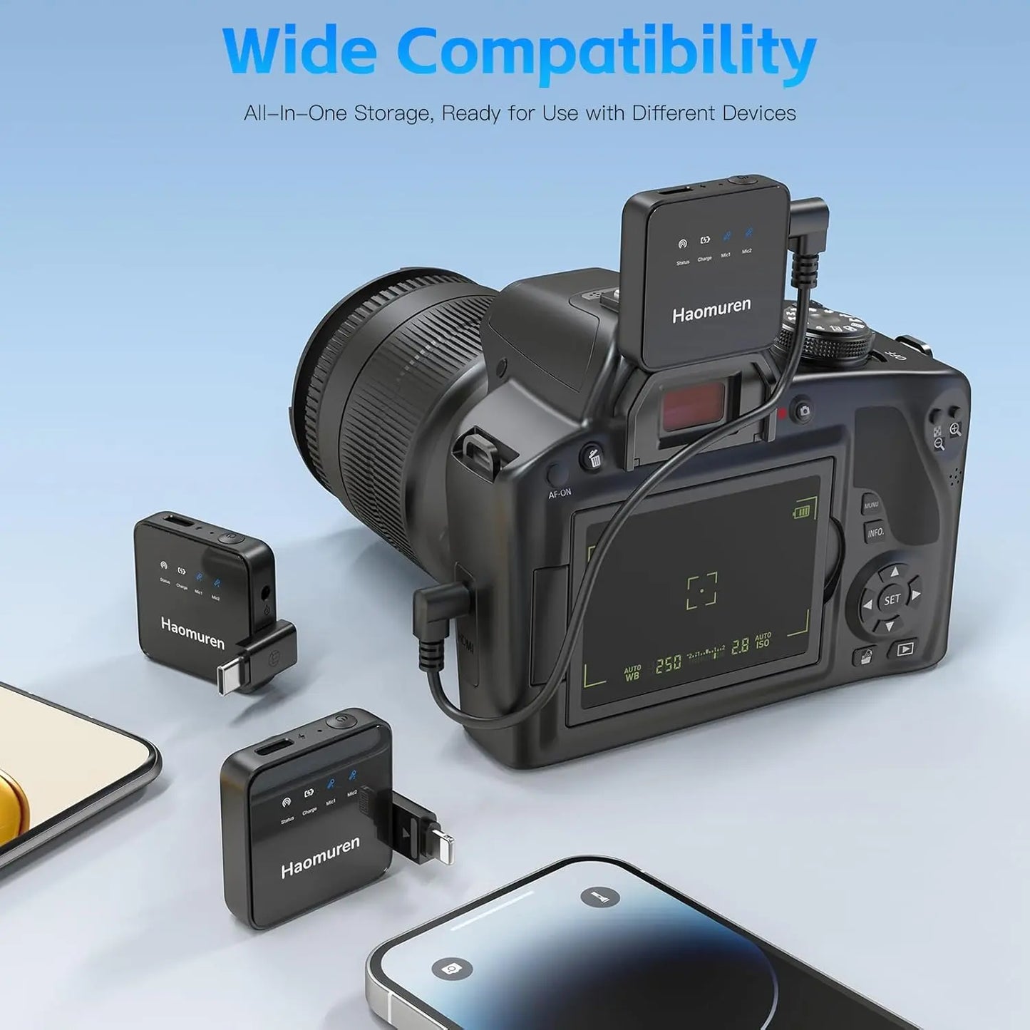 Haomuren Lot de 2 microphones cravate sans fil, compatibles avec iPhone, Android, appareil photo, iPad, tablette, PC, suppression du bruit, écho, micro Bluetooth pour enregistrement vidéo, streaming,