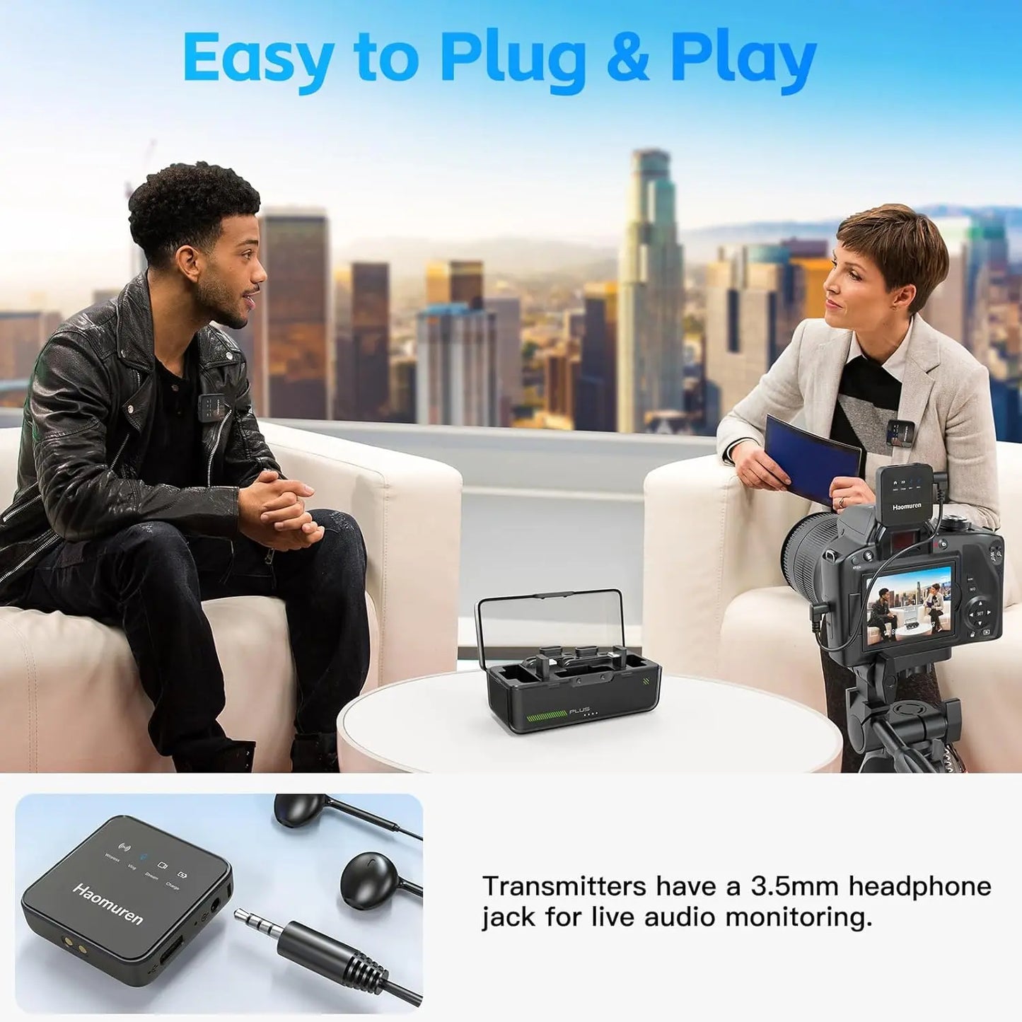 Haomuren Lot de 2 microphones cravate sans fil, compatibles avec iPhone, Android, appareil photo, iPad, tablette, PC, suppression du bruit, écho, micro Bluetooth pour enregistrement vidéo, streaming,