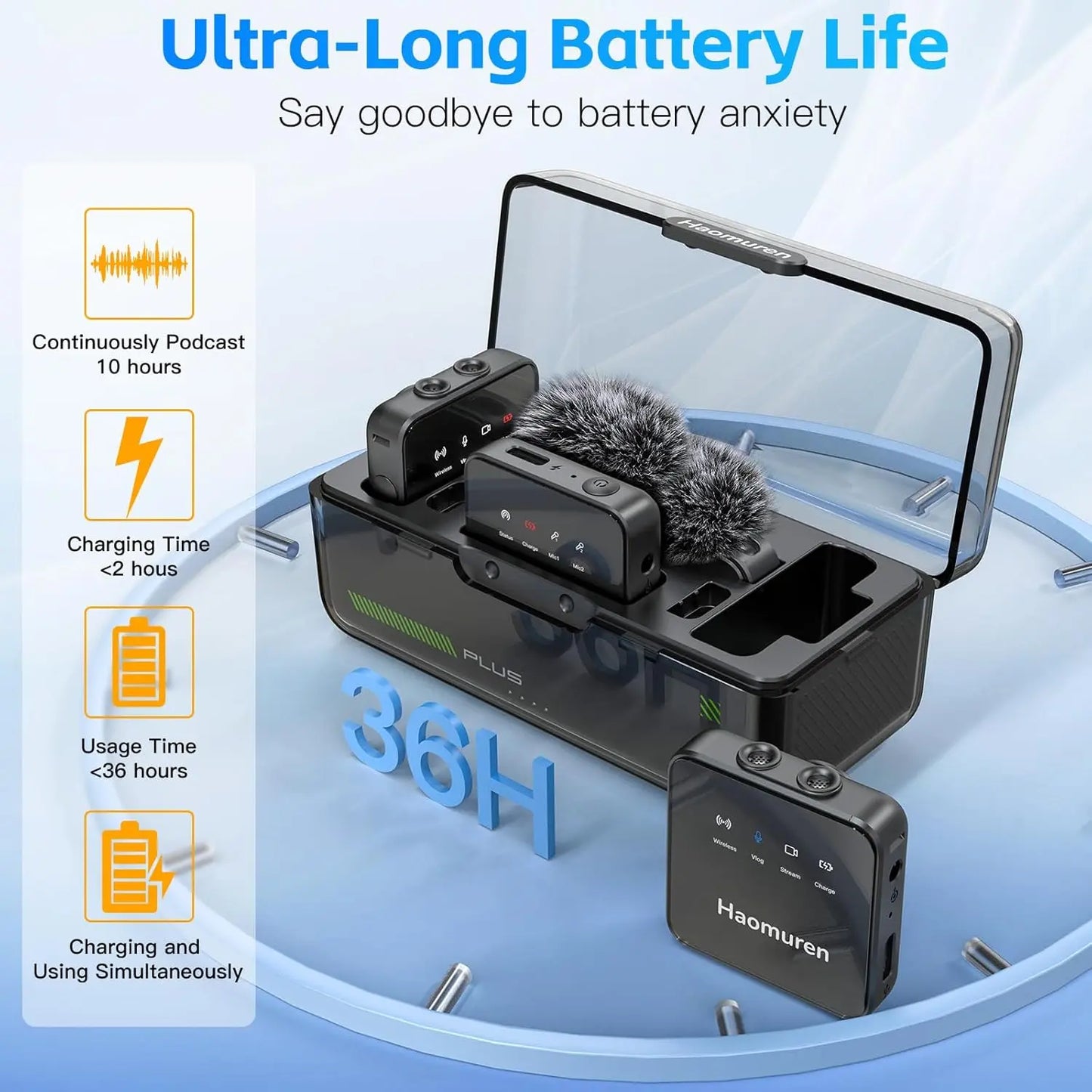 Haomuren Lot de 2 microphones cravate sans fil, compatibles avec iPhone, Android, appareil photo, iPad, tablette, PC, suppression du bruit, écho, micro Bluetooth pour enregistrement vidéo, streaming,