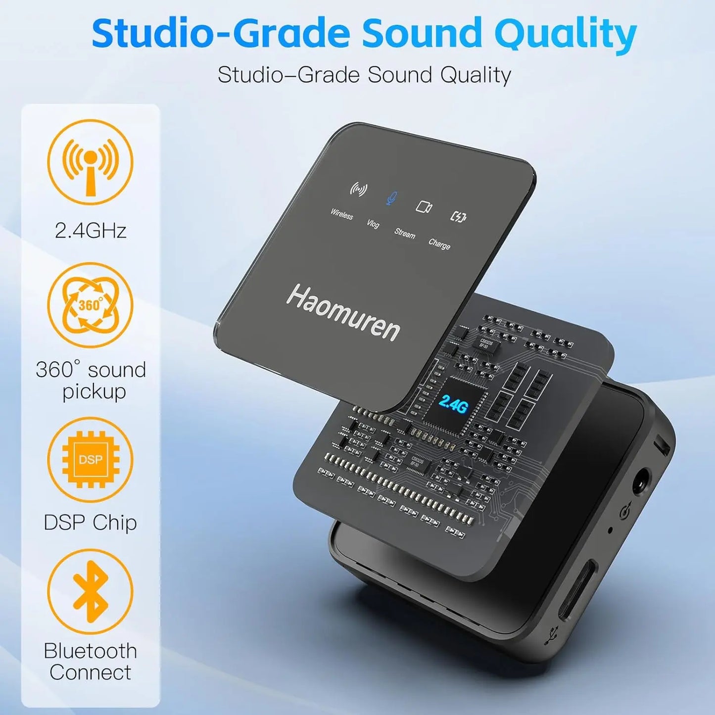 Haomuren Lot de 2 microphones cravate sans fil, compatibles avec iPhone, Android, appareil photo, iPad, tablette, PC, suppression du bruit, écho, micro Bluetooth pour enregistrement vidéo, streaming,