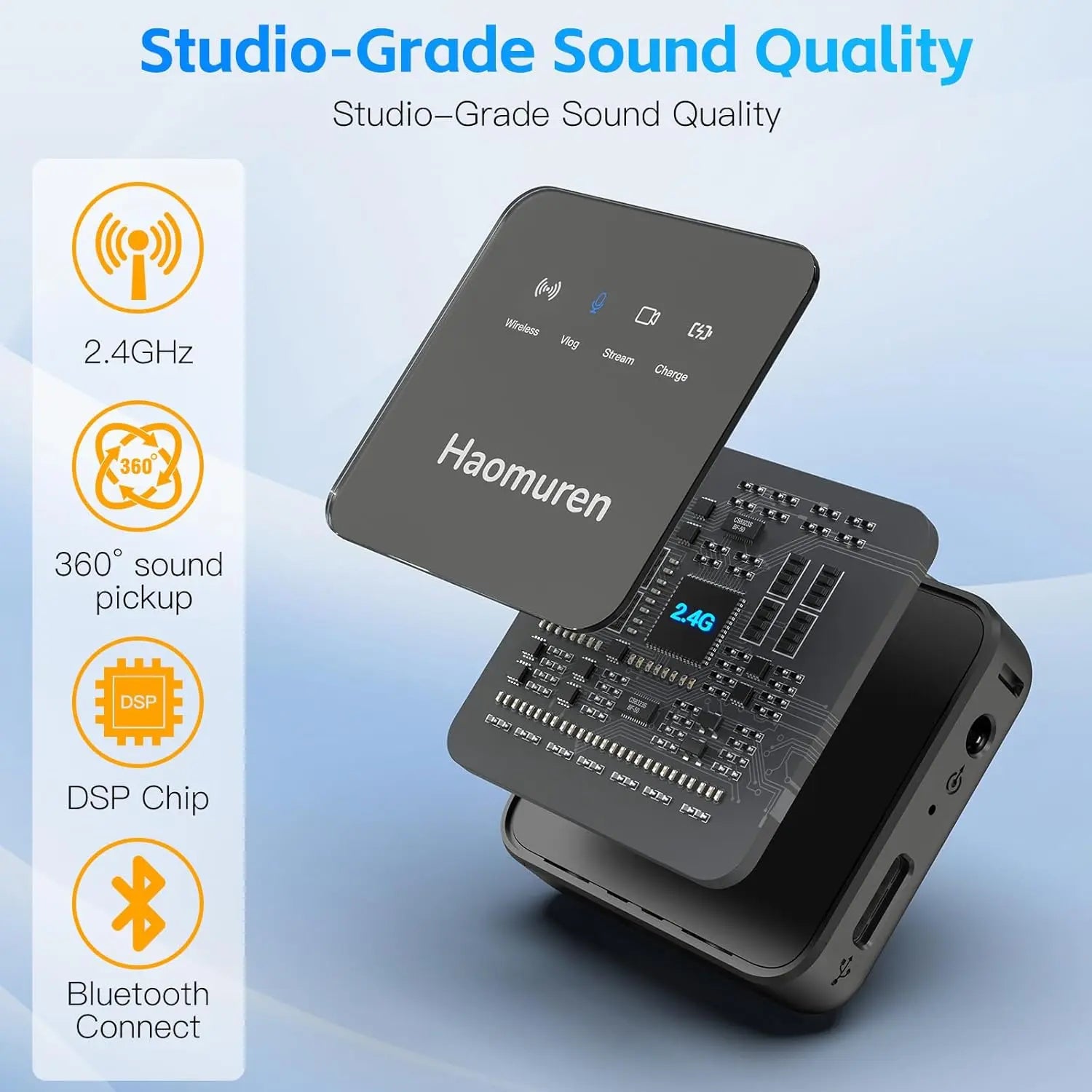 Haomuren Lot de 2 microphones cravate sans fil, compatibles avec iPhone, Android, appareil photo, iPad, tablette, PC, suppression du bruit, écho, micro Bluetooth pour enregistrement vidéo, streaming,