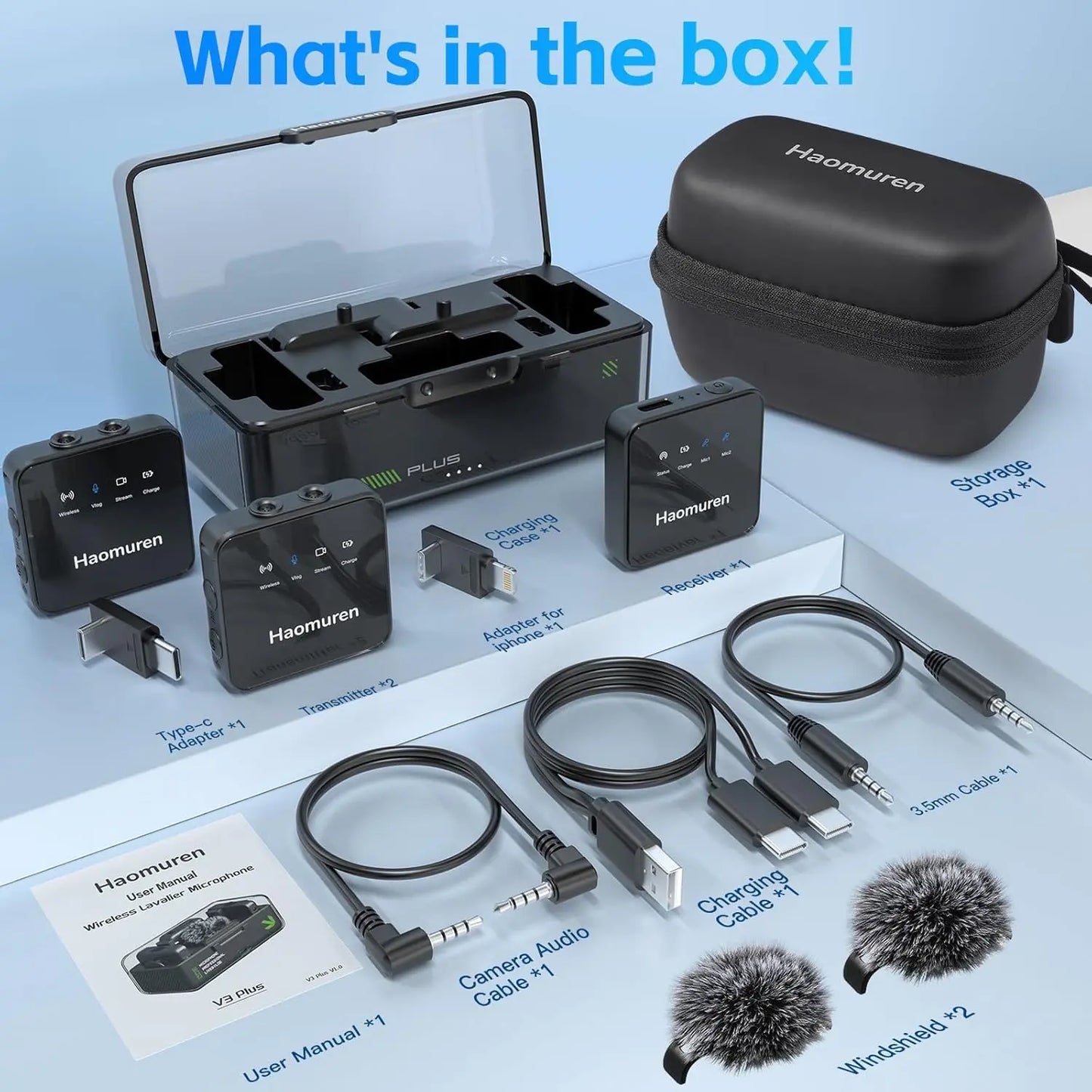 Haomuren Lot de 2 microphones cravate sans fil, compatibles avec iPhone, Android, appareil photo, iPad, tablette, PC, suppression du bruit, écho, micro Bluetooth pour enregistrement vidéo, streaming,