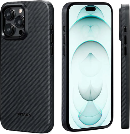 pitaka Coque pour iPhone 15 Pro Compatible avec Magsafe Housse de Magnétique avec Protection Antichoc Militaire Etui Fin en 1500D Fibre Aramide/TPU [MagEZ Case Pro 4] Noir/Gris
