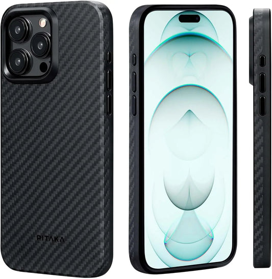 pitaka Coque pour iPhone 15 Pro Compatible avec Magsafe Housse de Magnétique avec Protection Antichoc Militaire Etui Fin en 1500D Fibre Aramide/TPU [MagEZ Case Pro 4] Noir/Gris
