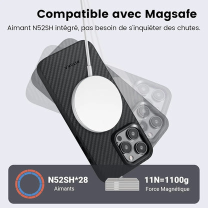 pitaka Coque pour iPhone 15 Pro Compatible avec Magsafe Housse de Magnétique avec Protection Antichoc Militaire Etui Fin en 1500D Fibre Aramide/TPU [MagEZ Case Pro 4] Noir/Gris