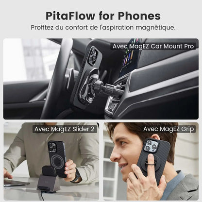 pitaka Coque pour iPhone 15 Pro Compatible avec Magsafe Housse de Magnétique avec Protection Antichoc Militaire Etui Fin en 1500D Fibre Aramide/TPU [MagEZ Case Pro 4] Noir/Gris