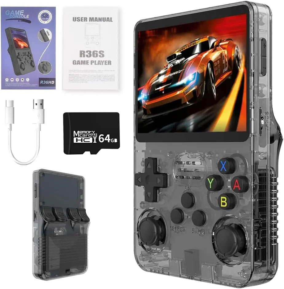 SGZIOO R36S Console de jeu portable, consoles de jeux portables avec système Linux open source, écran IPS de 3,5", carte TF 64G, plus de 15 000 jeux classiques intégrés, consoles de jeux portables