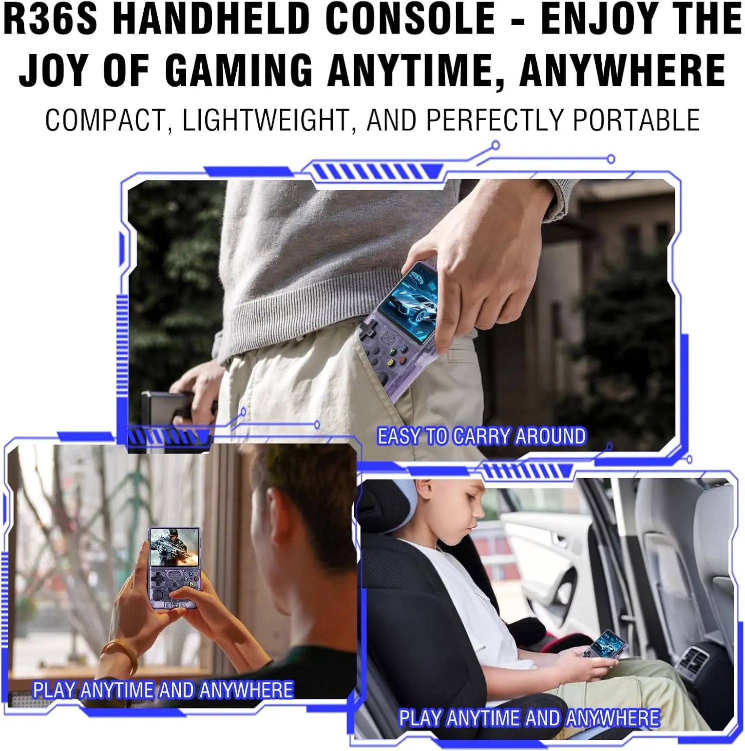 R36S Console de jeu portable avec écran de 3,5", système Linux open source et plus de 20 000 jeux, carte TF 64 Go intégrée - Expérience de jeu rétro ultime (violet)