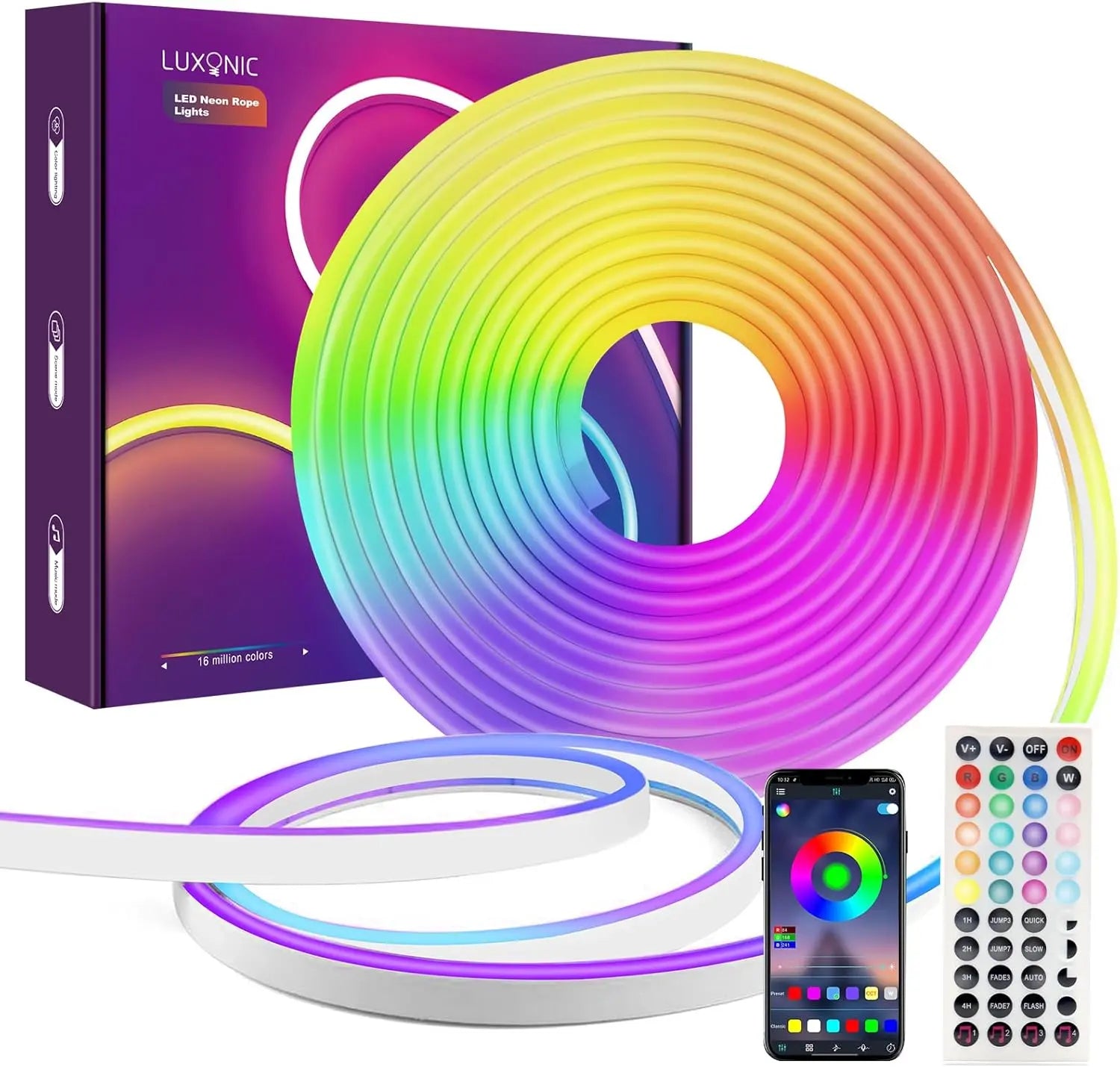 LUXONIC RGB Neon Ruban LED 10M, Bluetooth Etanche Bande LED Néon en Silicone avec Contrôle APP, Télécommande, Synchronisation de Musique, 24V Flexible Lumineuse Led pour Éclairage Intérieur et Extérie