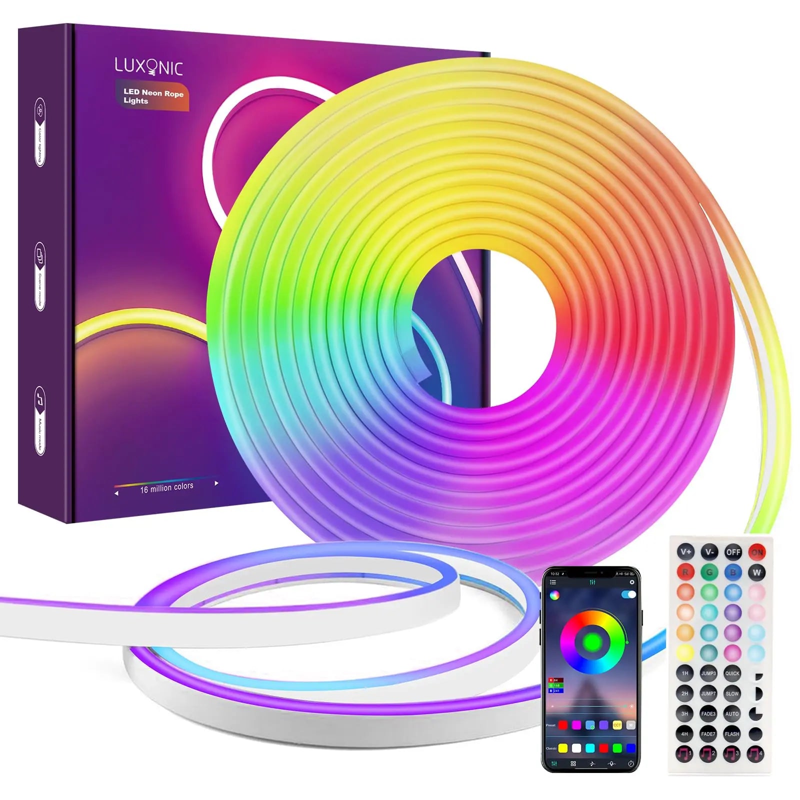 LUXONIC RGB Neon Ruban LED 10M, Bluetooth Etanche Bande LED Néon en Silicone avec Contrôle APP, Télécommande, Synchronisation de Musique, 24V Flexible Lumineuse Led pour Éclairage Intérieur et Extérie