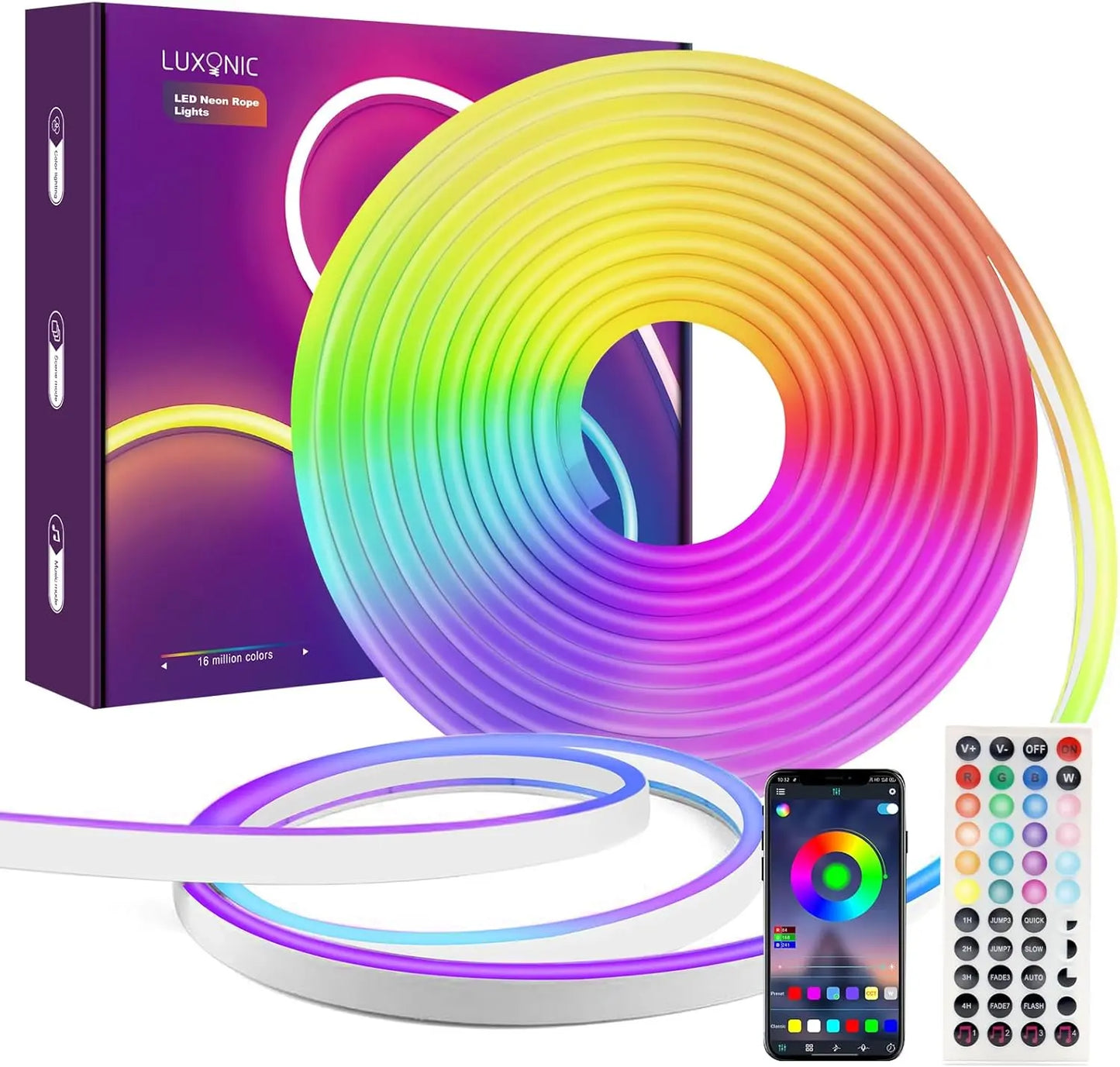 LUXONIC RGB Neon Ruban LED 10M, Bluetooth Etanche Bande LED Néon en Silicone avec Contrôle APP, Télécommande, Synchronisation de Musique, 24V Flexible Lumineuse Led pour Éclairage Intérieur et Extérie