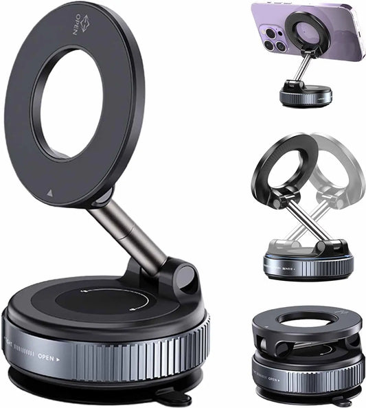 Shopellox Phone Mount, Shopellox 360° Adjustable Vacuum Magnetic Phone Holder, Foldable and Retractable Hands Free Phone Mount for Makeup/Gym/Mirror, Fit for All Smartphones (Black)