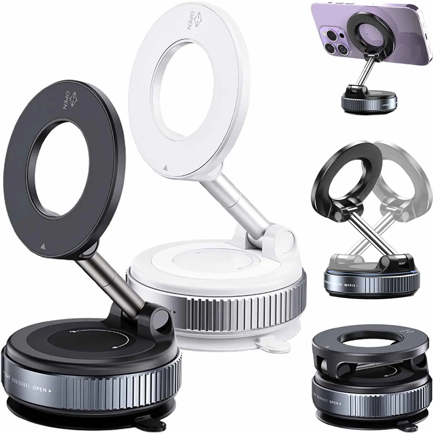 Shopellox Phone Mount, Shopellox 360° Adjustable Vacuum Magnetic Phone Holder, Foldable and Retractable Hands Free Phone Mount for Makeup/Gym/Mirror, Fit for All Smartphones (Black)