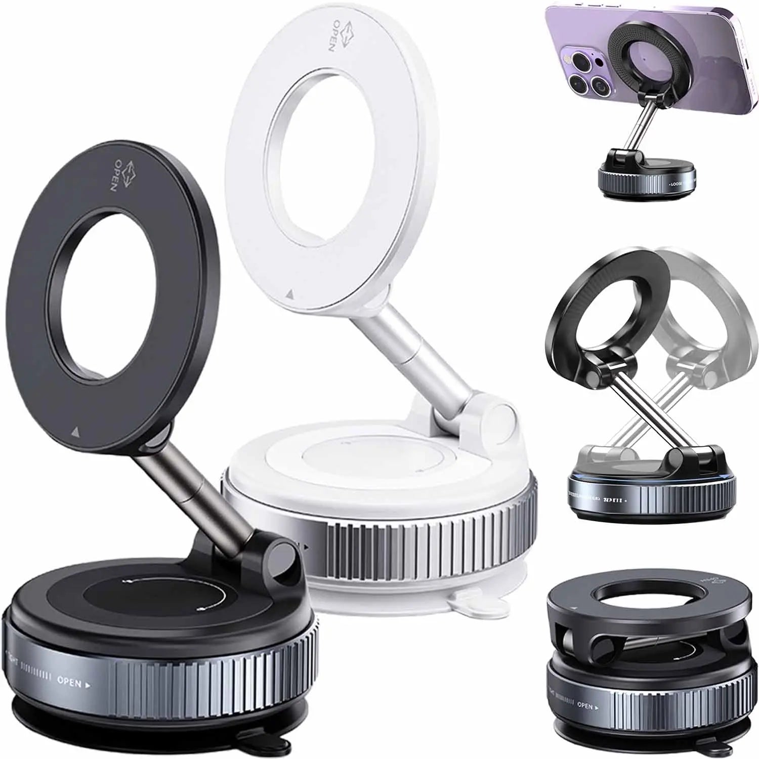 Shopellox Phone Mount, Shopellox 360° Adjustable Vacuum Magnetic Phone Holder, Foldable and Retractable Hands Free Phone Mount for Makeup/Gym/Mirror, Fit for All Smartphones (Black)