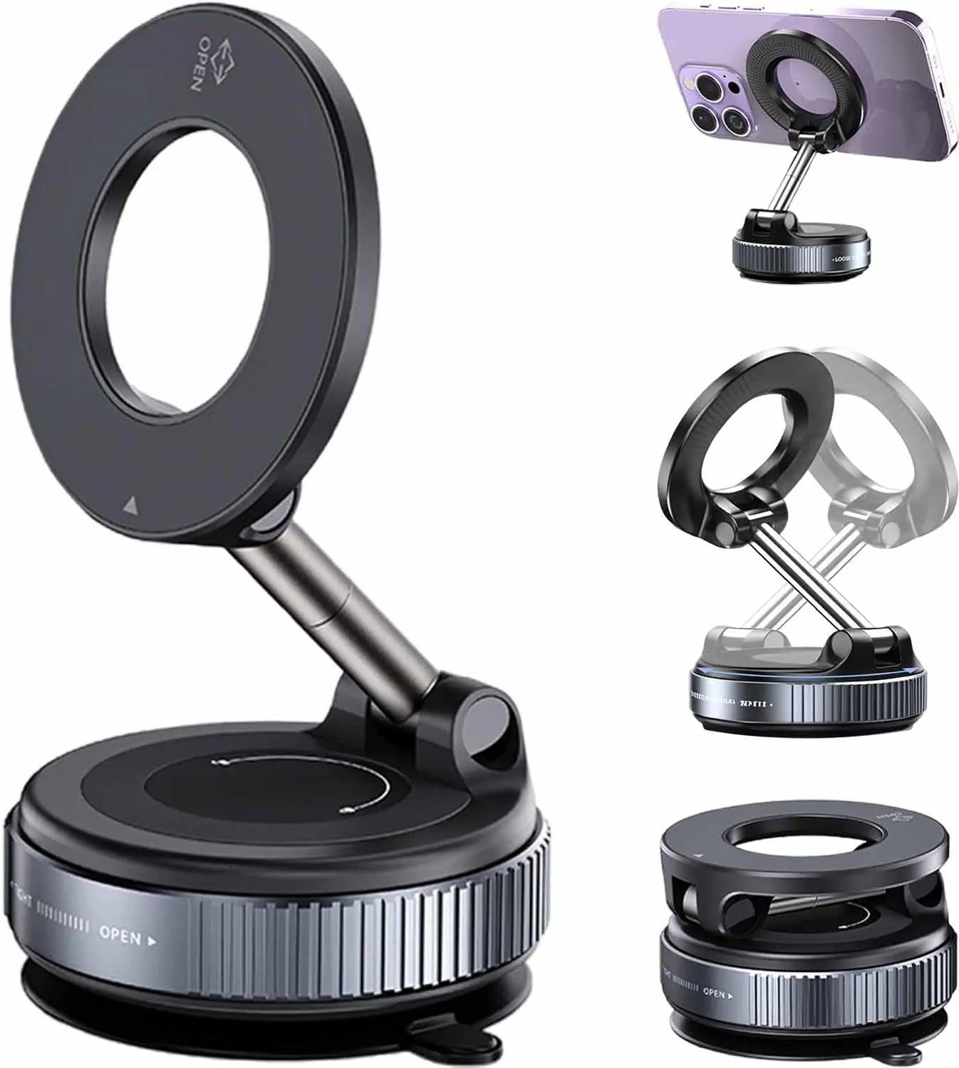 Shopellox Phone Mount, Shopellox 360° Adjustable Vacuum Magnetic Phone Holder, Foldable and Retractable Hands Free Phone Mount for Makeup/Gym/Mirror, Fit for All Smartphones (Black)