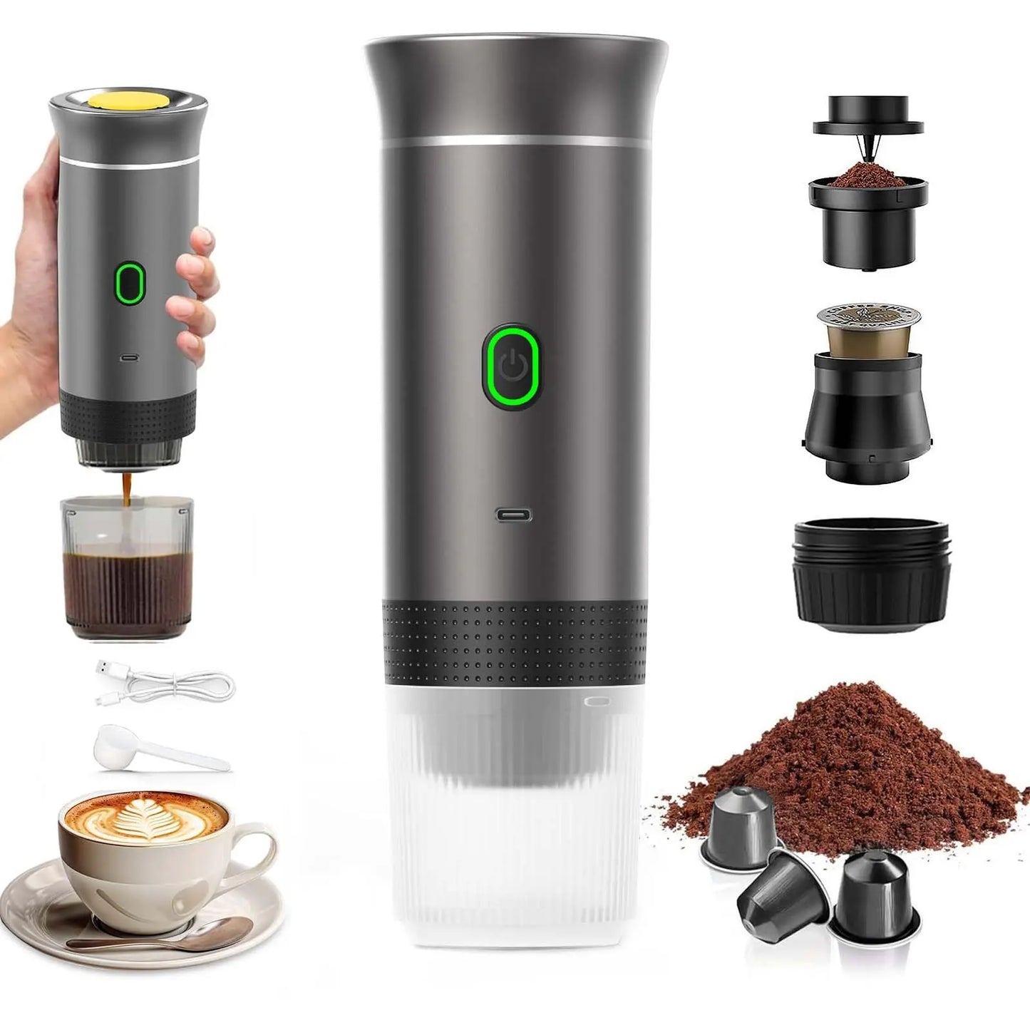 VHV Machine à Café Portable de Voyage,Chauffage Rapide 3 En 1 Cafetiere Portable 12V, Auto-Chauffage de 4 à 6 Minutes, Grandes Capsules, Café Moulu, Pour Le Camping, Bureau, Maison, Voiture (Noir)