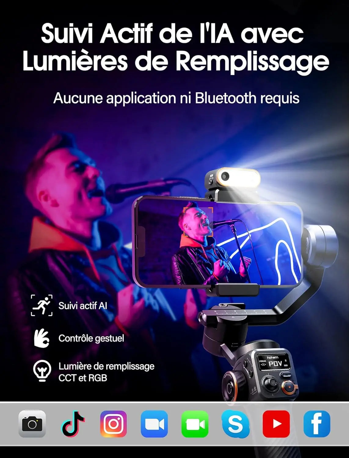 hohem iSteady M6 Kit Stabilisateur Smartphone, Gimbal Stabilisateur à 3 Axes avec Capteur de Vision AI/Lumière de Remplissage CCT/RGB, Gimbal pour Vlog Youtube, Charge utile 400g pour iPhone&Android