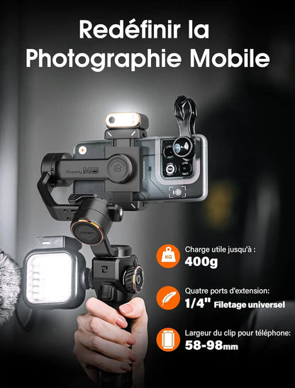 hohem iSteady M6 Kit Stabilisateur Smartphone, Gimbal Stabilisateur à 3 Axes avec Capteur de Vision AI/Lumière de Remplissage CCT/RGB, Gimbal pour Vlog Youtube, Charge utile 400g pour iPhone&Android