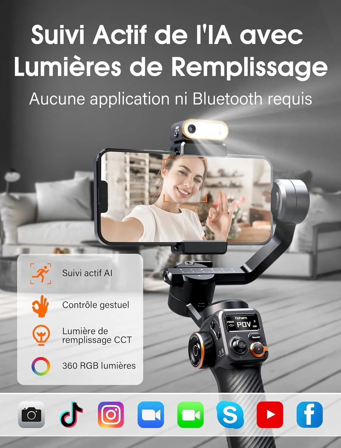 hohem iSteady M6 Kit Stabilisateur Smartphone, Gimbal Stabilisateur à 3 Axes avec Capteur de Vision AI/Lumière de Remplissage CCT/RGB, Gimbal pour Vlog Youtube, Charge utile 400g pour iPhone&Android