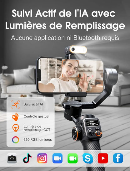 hohem iSteady M6 Kit Stabilisateur Smartphone, Gimbal Stabilisateur à 3 Axes avec Capteur de Vision AI/Lumière de Remplissage CCT/RGB, Gimbal pour Vlog Youtube, Charge utile 400g pour iPhone&Android