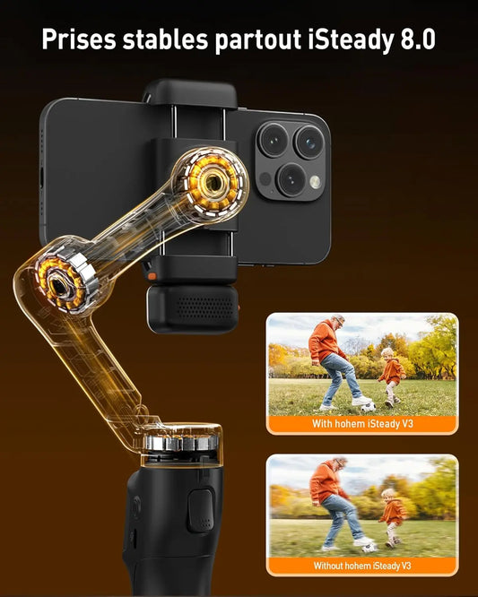 hohem iSteady V3 Stabilisateur Smartphone - 3 Axes Stabilisateur de Cardan, Magnetischer AI-Tracker, Abnehmbarer Controller, Built-in Extended Pole & Tripod, Foldable Gimbal für Live Streaming, Vlog